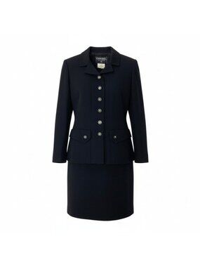 Chanel C Vintage Skirt Set Tailored Jacket 40 Black Silk